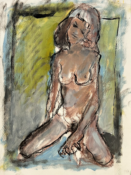 Zeichnungen mit dem Titel "Stacey à genoux II" von Stewart Fletcher, Original-Kunstwerk, Aquarell