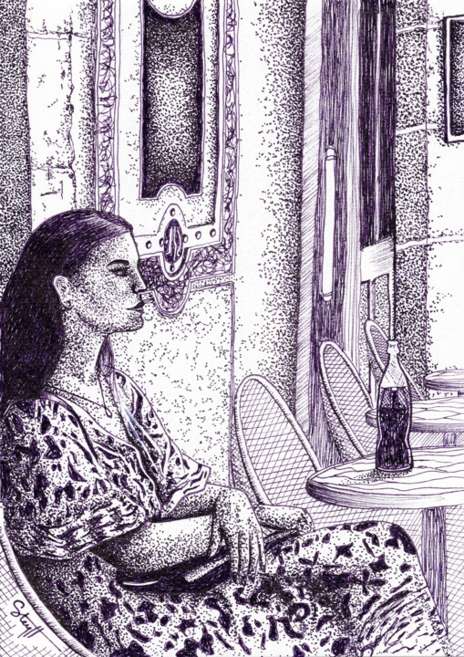 Rysunek zatytułowany „Femme à la terrasse…” autorstwa Steyff, Oryginalna praca, Atrament