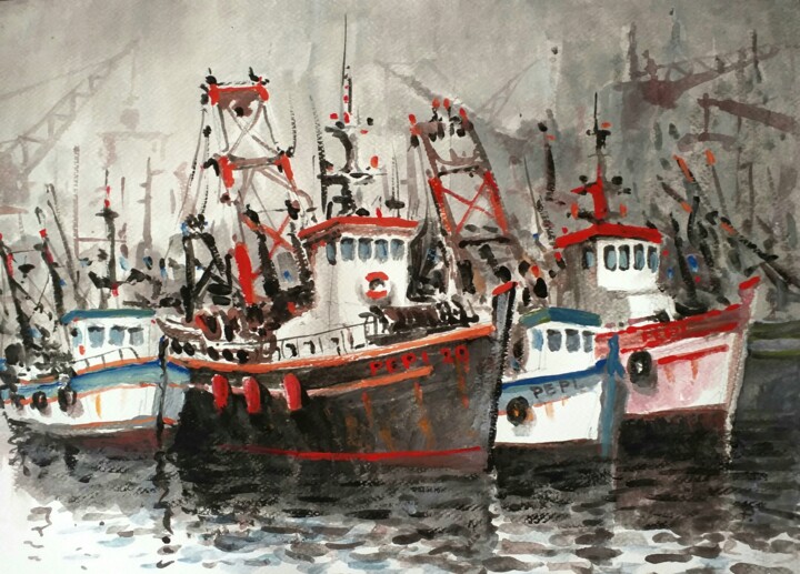 绘画 标题为“Barcos de pesca...e…” 由Stjepan Lezaic (Pepi), 原创艺术品, 水彩