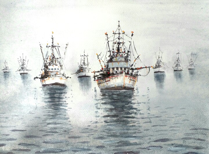 Pintura intitulada "Barcos de pesca...f…" por Stjepan Lezaic (Pepi), Obras de arte originais, Aquarela