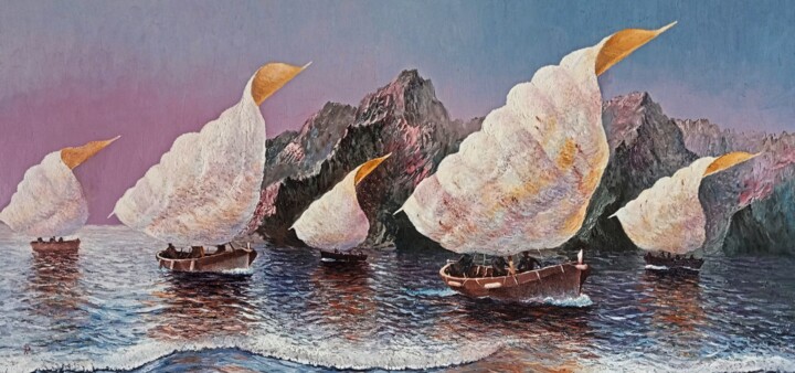 Painting titled "Barcos de los pesca…" by Stjepan Lezaic (Pepi), Original Artwork, Oil