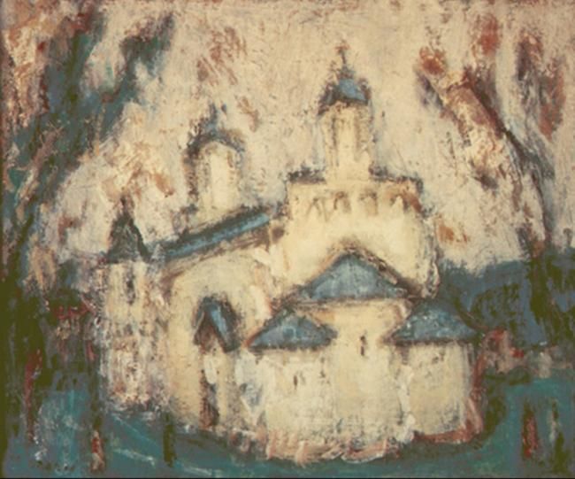 Painting titled "Monastery Mileševa" by Stojan Pačov, Original Artwork, Oil