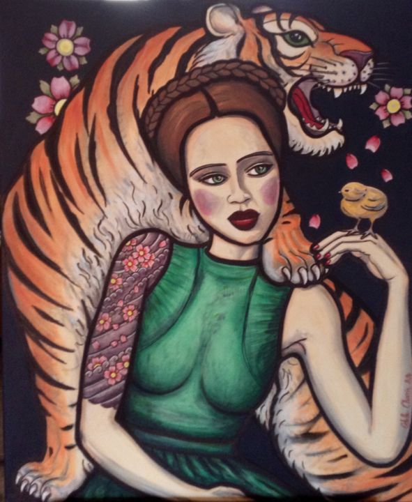 Pittura intitolato "tigre ou poussin?" da Estelle Charrin, Opera d'arte originale, Olio