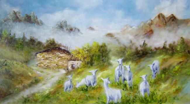 Peinture intitulée "les chèvres en mont…" par Géraldine Streichert, Œuvre d'art originale, Huile