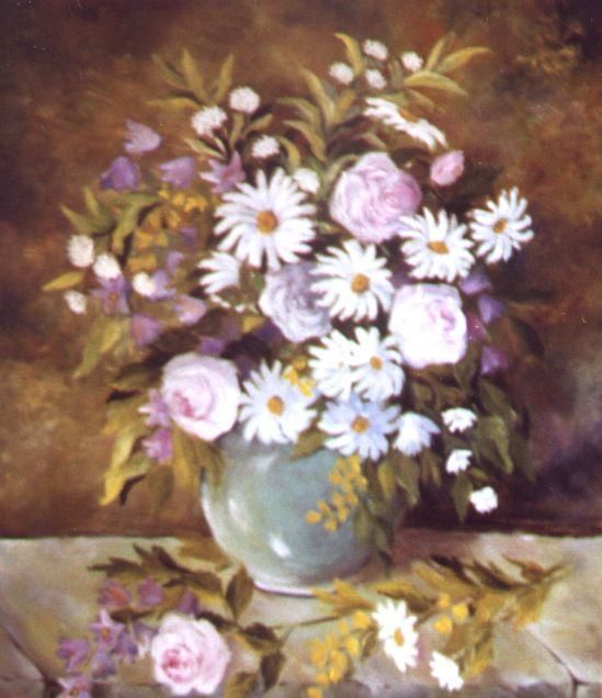 Painting titled "roses et marguerites" by Géraldine Streichert, Original Artwork, Oil