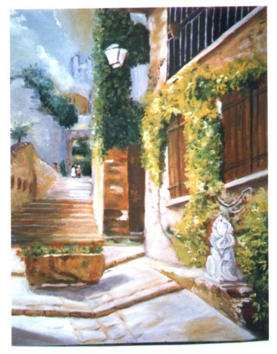 Картина под названием "une rue de Grimaud" - Géraldine Streichert, Подлинное произведение искусства, Масло