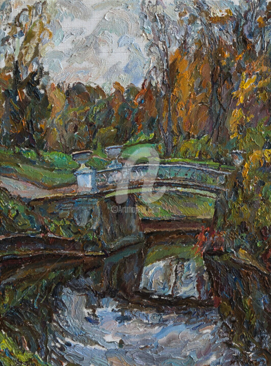 Painting titled "Pavlovsk, Bridge in…" by Leonid Stroganov, Original Artwork, Oil