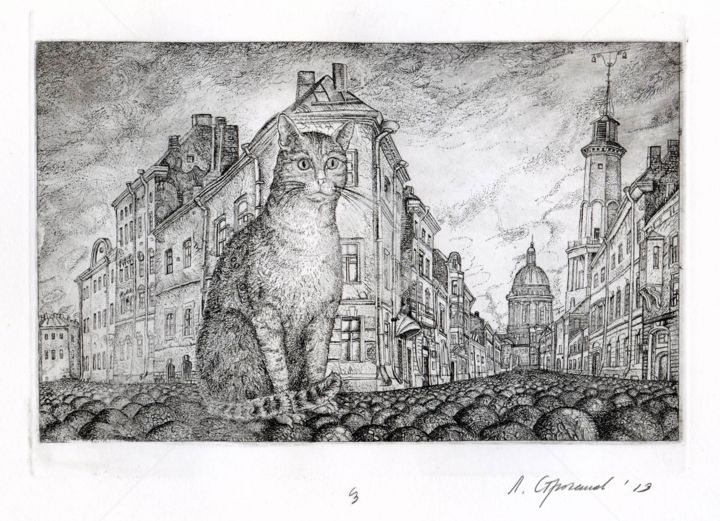 Printmaking titled "Cat in St.Petersburg" by Leonid Stroganov, Original Artwork