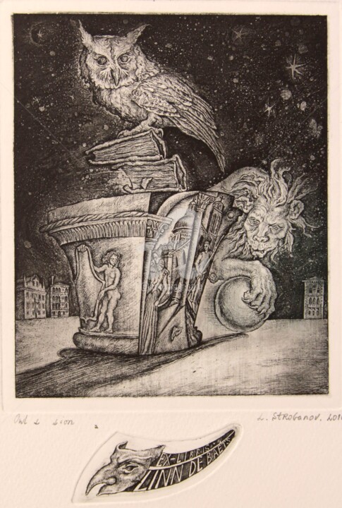 印花与版画 标题为“Owl and Lion” 由Leonid Stroganov, 原创艺术品, 蚀刻