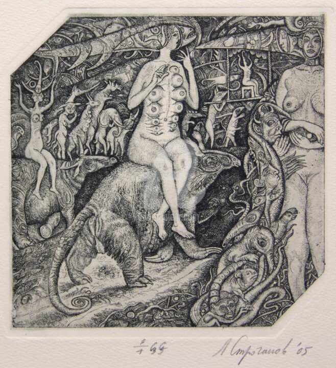 Druckgrafik mit dem Titel "The witch" von Leonid Stroganov, Original-Kunstwerk, Radierung