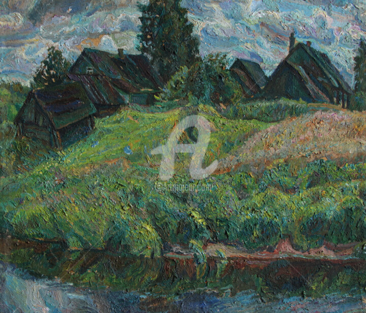 Painting titled "Village by river in…" by Leonid Stroganov, Original Artwork, Oil