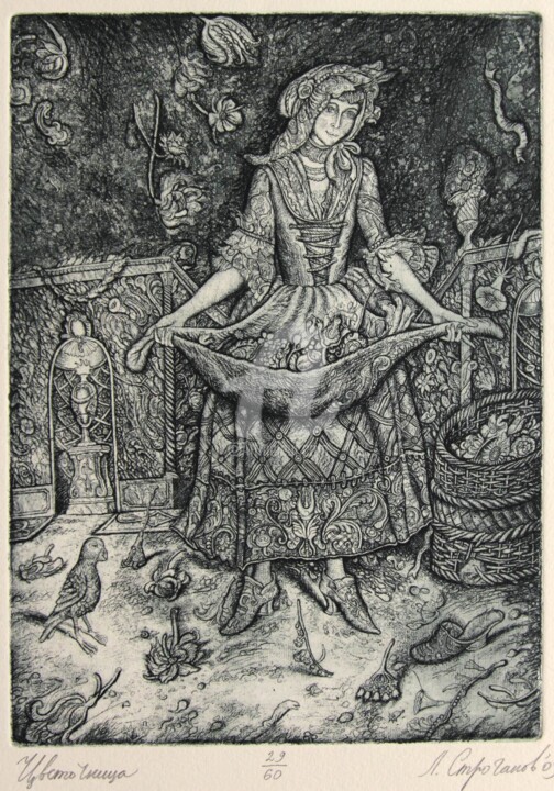Incisioni, stampe intitolato "Flower Girl" da Leonid Stroganov, Opera d'arte originale, Acquaforte