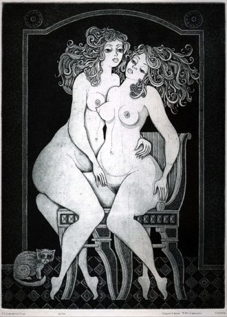 Druckgrafik mit dem Titel "GIRLFRIENDS" von Sergei Trubin, Original-Kunstwerk, Radierung