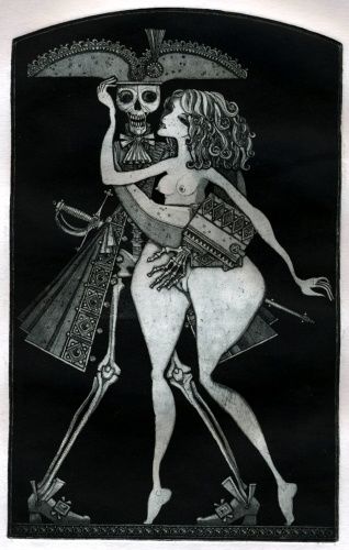 Druckgrafik mit dem Titel "GIRL AND DEATH" von Sergei Trubin, Original-Kunstwerk, Radierung