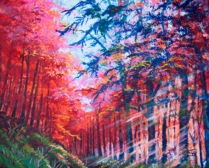 Malerei mit dem Titel "Blushing Trees" von Stuart Dalby, Original-Kunstwerk, Acryl