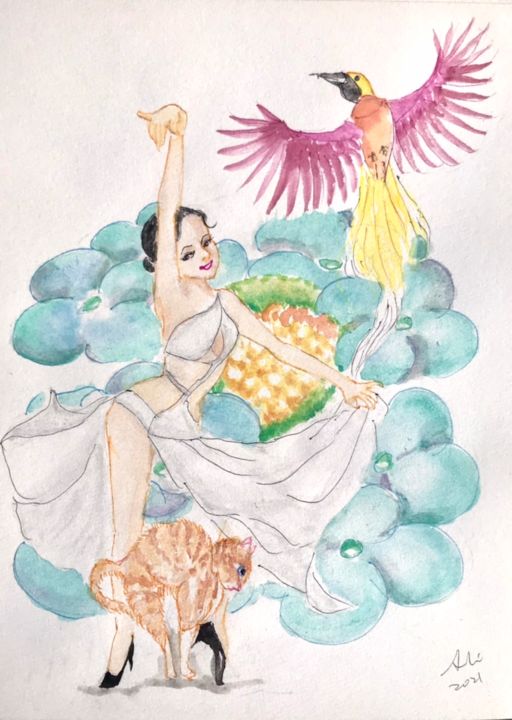 Painting titled "Dancers in the worl…" by Suann Li, Original Artwork, Watercolor