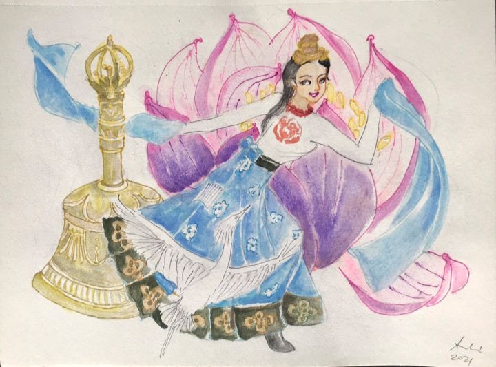 Pintura intitulada "Dancers in the worl…" por Suann Li, Obras de arte originais, Aquarela
