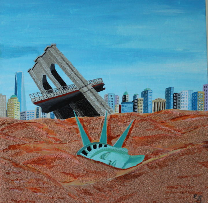 Painting titled "NY sous les sables" by Francois Suard, Original Artwork, Acrylic Mounted on Wood Stretcher frame