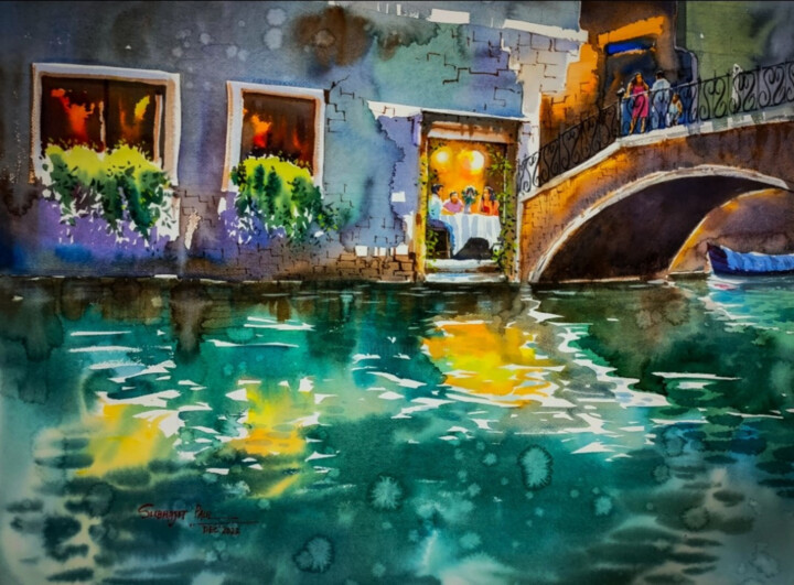 Schilderij getiteld "An evening in venice" door Subhajit Paul, Origineel Kunstwerk, Aquarel