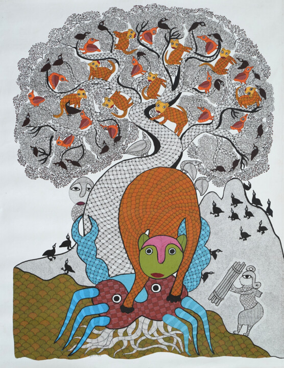 Painting titled "Gond Painting  ( Tr…" by Subhash Vyam, Original Artwork, Acrylic