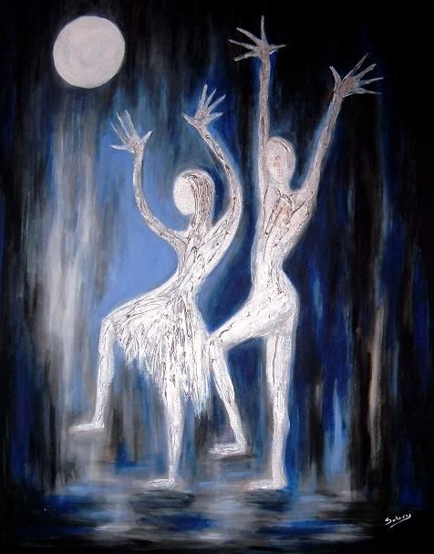 Painting titled "DANSE_A_LA_LUNE_,_a…" by Maa Subrini, Original Artwork, Oil