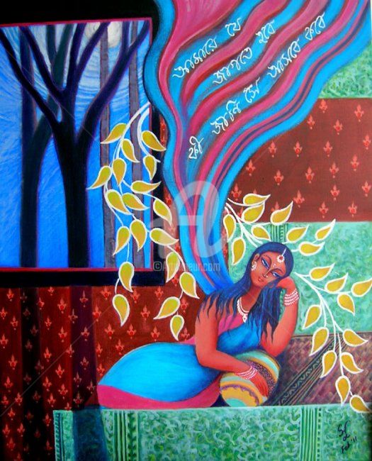 Peinture intitulée "Aaj jyotsna raate" par Sudakshina Ghosh Nee Datta, Œuvre d'art originale, Acrylique
