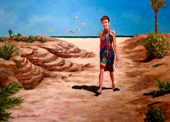 Painting titled "girl in pareo" by Denis Sudarikov, Original Artwork, Acrylic Mounted on Wood Stretcher frame