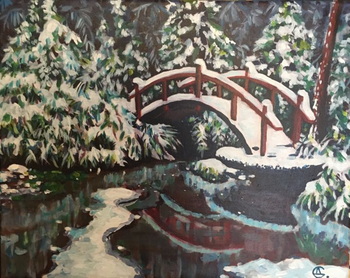 Painting titled "red bridge" by Denis Sudarikov, Original Artwork, Acrylic Mounted on Wood Stretcher frame