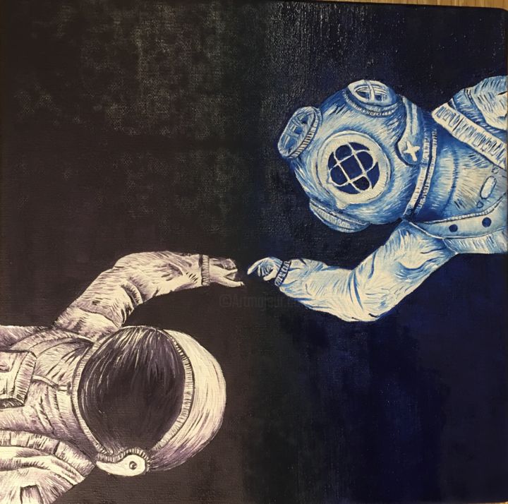 Peinture intitulée "Astronot ve Dalgıç" par Sudenaz Asak, Œuvre d'art originale