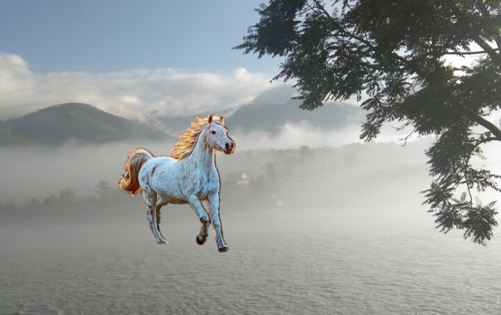 Digitale Kunst getiteld "FLYING HORSE" door Sudhanshu Jayaswal, Origineel Kunstwerk, Digitaal Schilderwerk