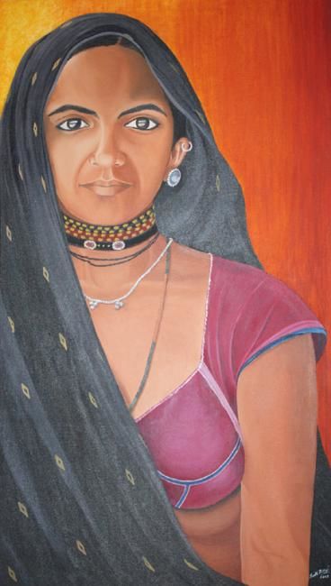 Painting titled "Rajasthani Girl" by Sudhir Pillai, Original Artwork, Oil