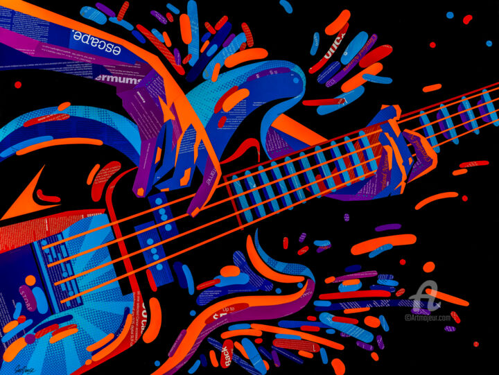 Collages intitolato "Electric Bass Guitar" da Sue Dowse, Opera d'arte originale, Collages
