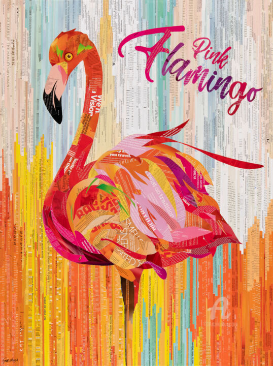 Colagens intitulada "Pink Flamingo" por Sue Dowse, Obras de arte originais, Colagens