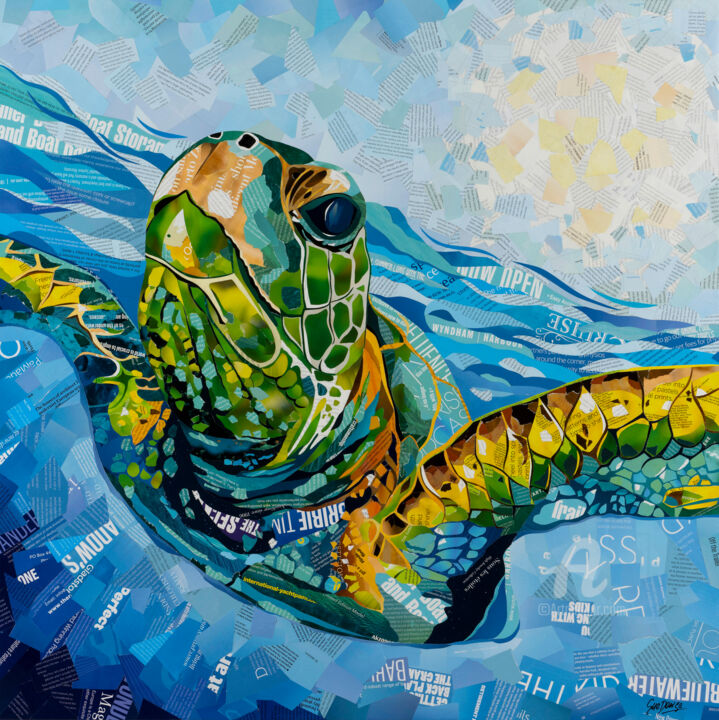 Colagens intitulada "Underwater Turtle" por Sue Dowse, Obras de arte originais, Colagens Montado em Armação em madeira