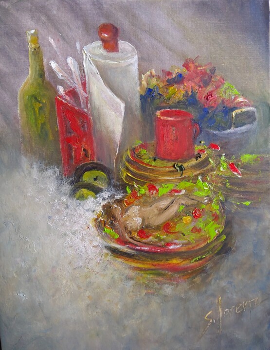 Painting titled "Dirty Dishes" by Sue Lorenz, Original Artwork, Oil