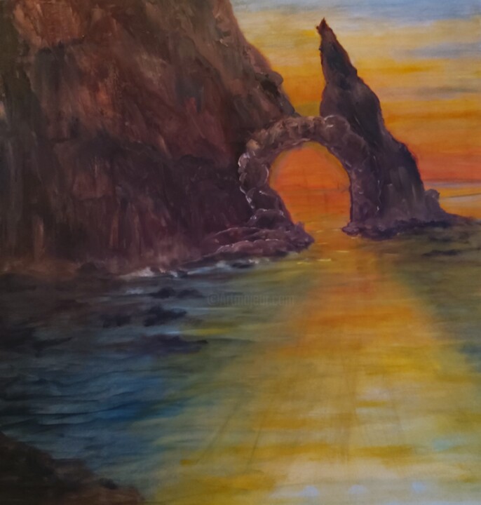 Painting titled "Sunrise in Cabo" by Sue Lorenz, Original Artwork, Oil Mounted on Wood Stretcher frame