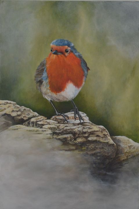 Painting titled "Robin" by Sue Harding, Original Artwork, Acrylic Mounted on Wood Stretcher frame