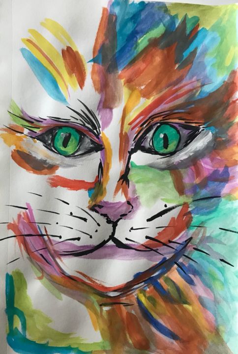 Pintura titulada "intense-cat.jpeg" por Geroo Paints !!, Obra de arte original, Acuarela