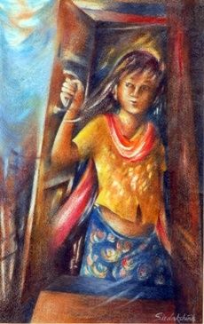 Painting titled "Child's World" by Sudakshina Ghosh, Original Artwork, Oil