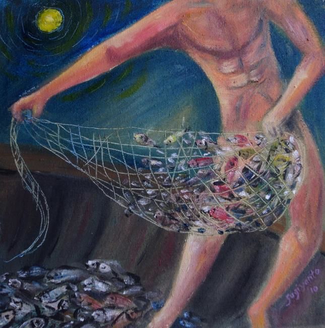 Painting titled "The Catching Fish" by Sugi, Original Artwork, Oil