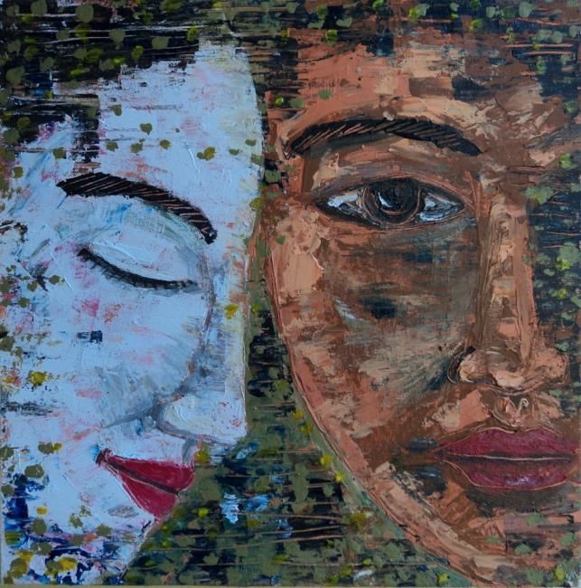 Schilderij getiteld "2 Face" door Sugi, Origineel Kunstwerk, Olie