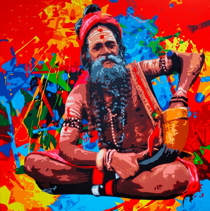 Peinture intitulée "Sadhu" par Sujit Karmakar, Œuvre d'art originale, Acrylique