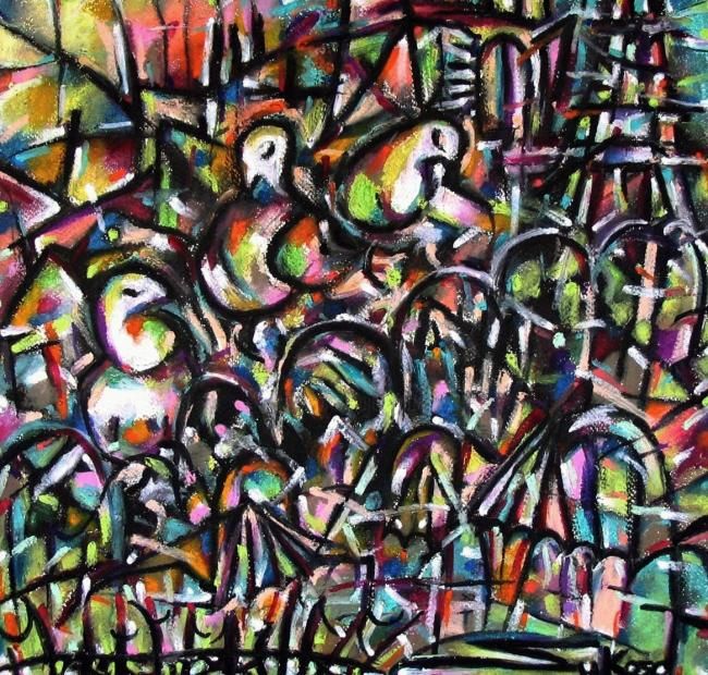 Peinture intitulée "Pigeons at Grenelle" par Peter Sukosd, Œuvre d'art originale, Huile