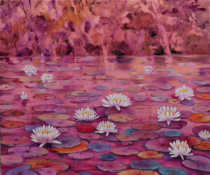 Картина под названием "Lotus pond" - Sulakshana Dharmadhikari, Подлинное произведение искусства, Масло
