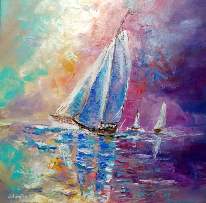 Картина под названием "Sailboat on the wav…" - Sulamita, Подлинное произведение искусства, Масло Установлен на Деревянная ра…