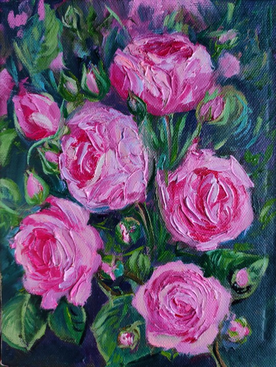 Painting titled "Roses 3." by Sulamita, Original Artwork, Oil Mounted on Cardboard