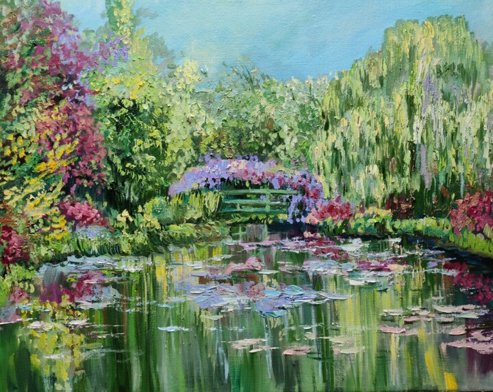 Painting titled "Summer pond." by Sulamita, Original Artwork, Oil Mounted on Wood Stretcher frame