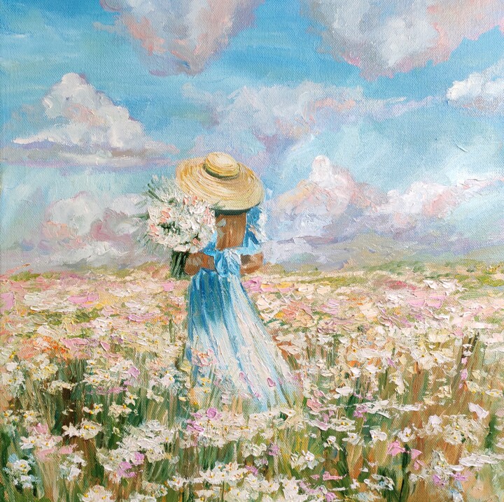 Картина под названием "Girl with flowers." - Sulamita, Подлинное произведение искусства, Масло Установлен на Деревянная рама…