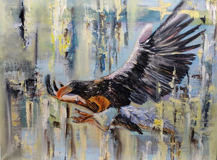 Painting titled "Flying over the cit…" by Sulamita, Original Artwork, Oil Mounted on Wood Stretcher frame