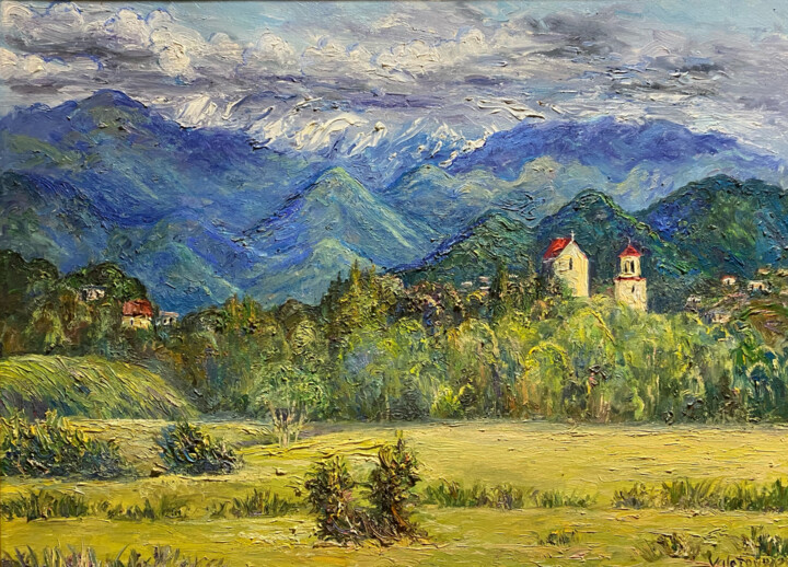 Painting titled "scenery 2" by Suleiman Valetov, Original Artwork, Oil Mounted on Wood Stretcher frame
